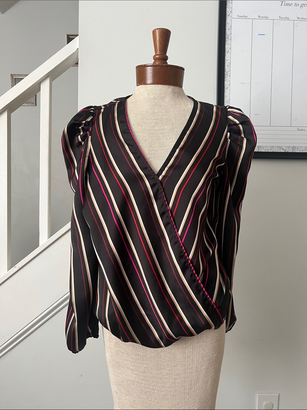 Vince Camuto Black Wrap Blouse with Pink & Cream Stripes